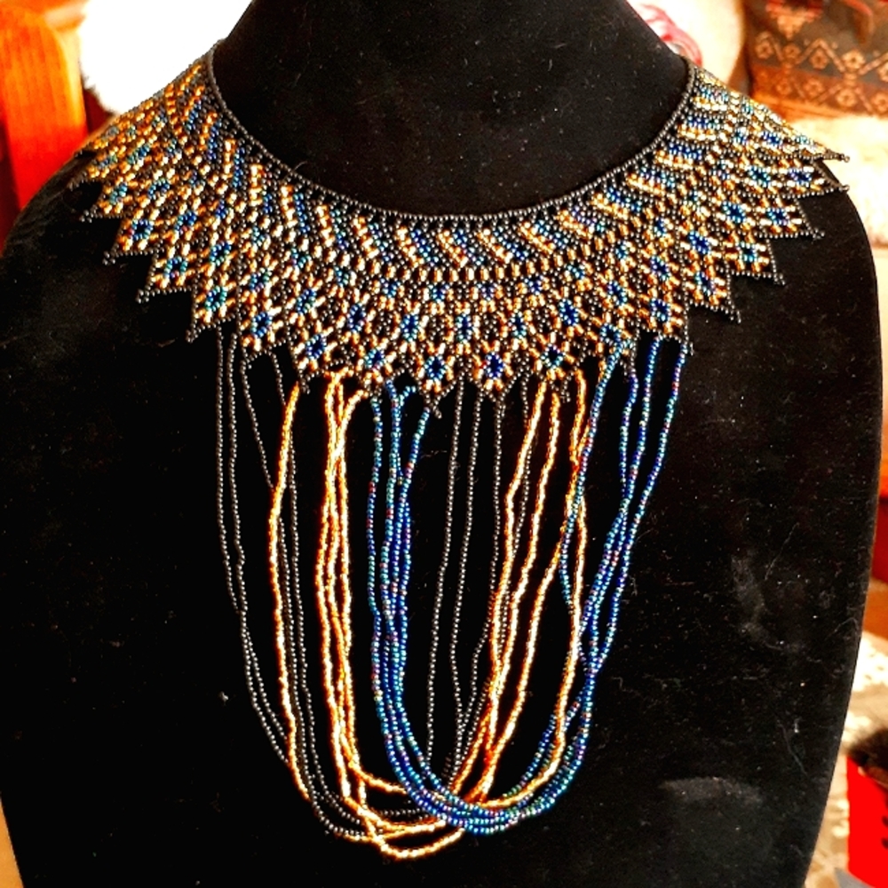 GROOVY GLAM Handmade Seed Bead Wide Bib Choker Necklace Blue Gold Black